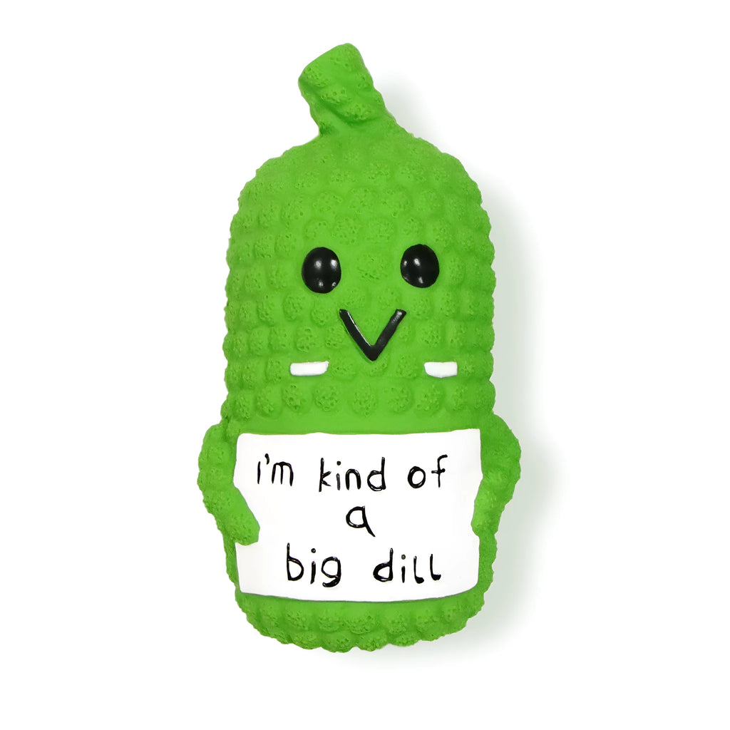 Bright green latex pickle-shaped dog chew toy with textured surface and squeaker inside.
