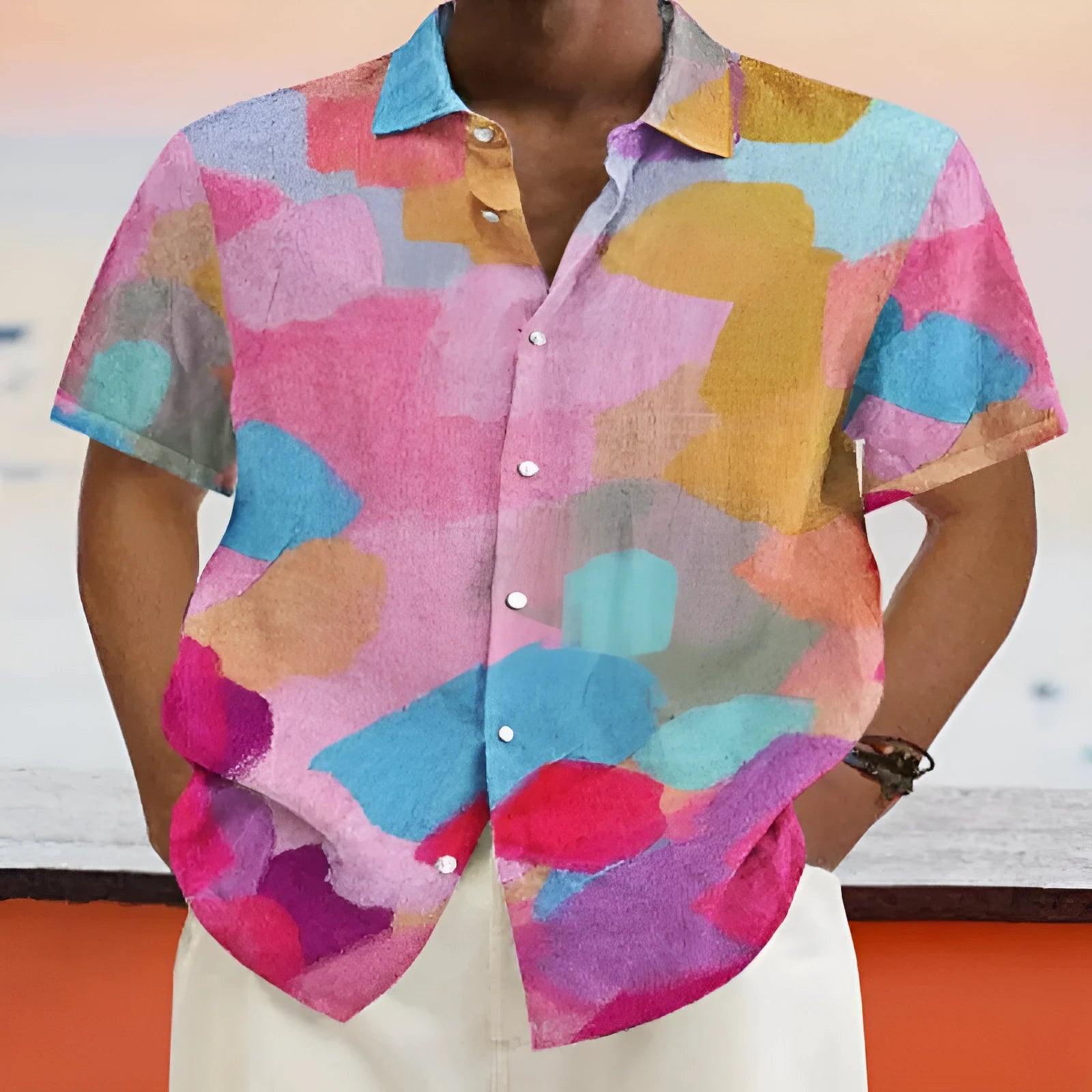 Man wearing a loose-fit Hawaiian style short sleeve cardigan with a stand collar and a colourful 3D printed design.