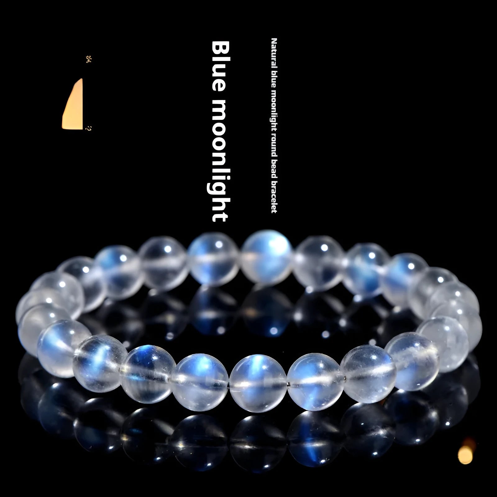 Natural cream body blue moonlight crystal bracelet on a white background showing grinding finish.