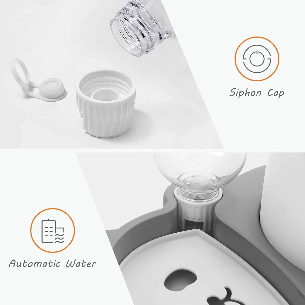 Grey and green panda-shaped elevated pet bowl set with tilted stainless steel bowls and a large automatic water bottle.