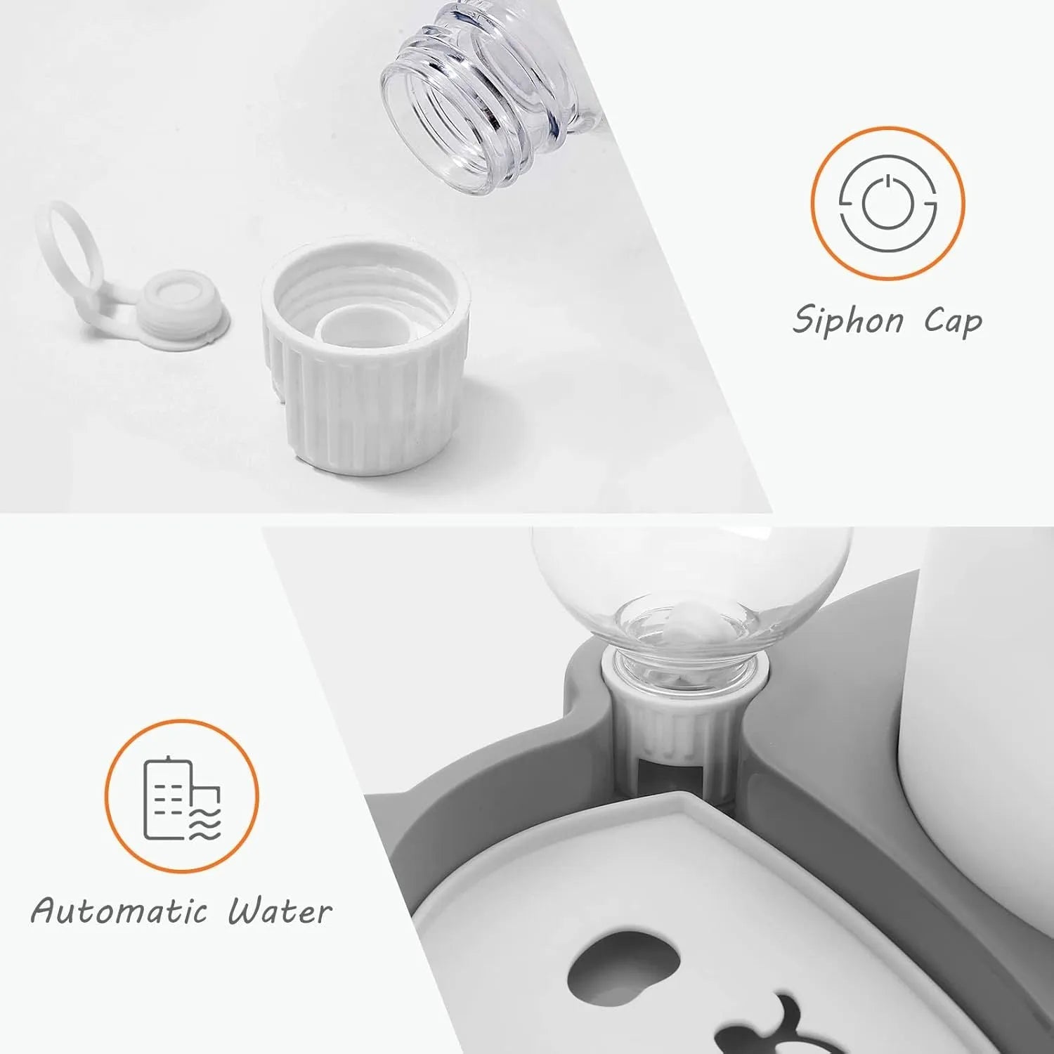 Grey and green panda-shaped elevated pet bowl set with tilted stainless steel bowls and a large automatic water bottle.