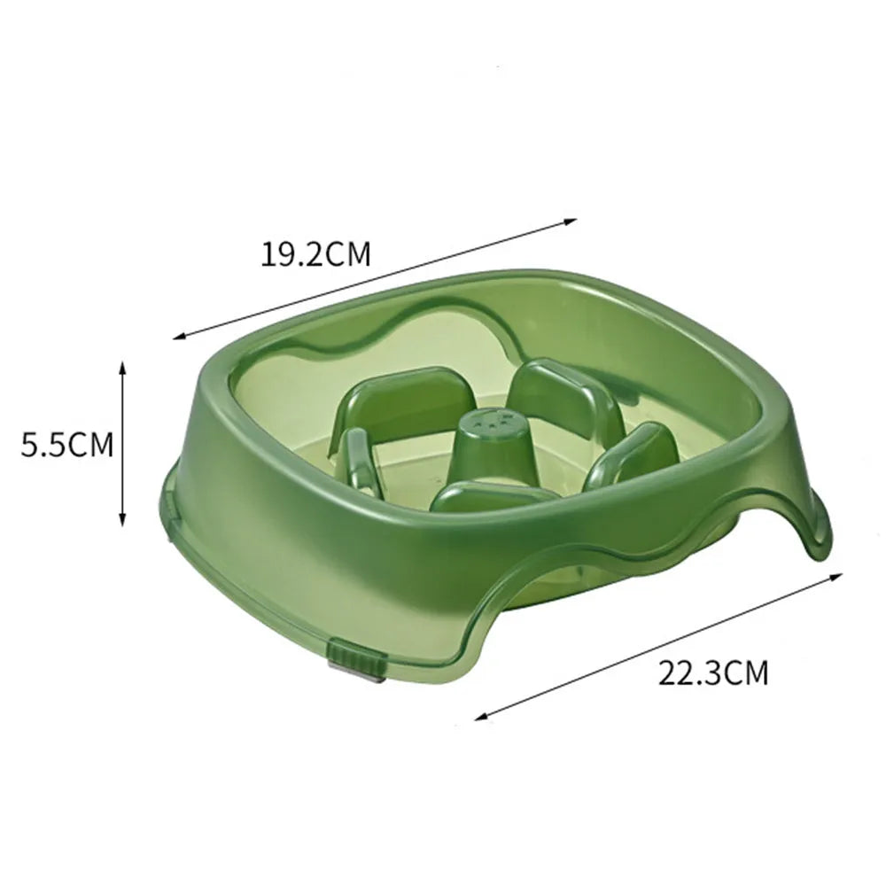 A blue plastic slow feeder dog bowl with a low 4cm profile to prevent fast eating.