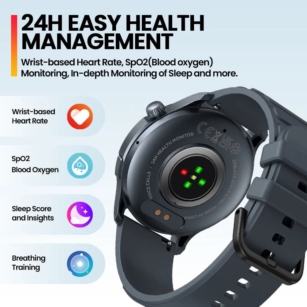 Btalk 3 Pro smart watch in blue showing AMOLED display with Bluetooth calling and health tracking functions