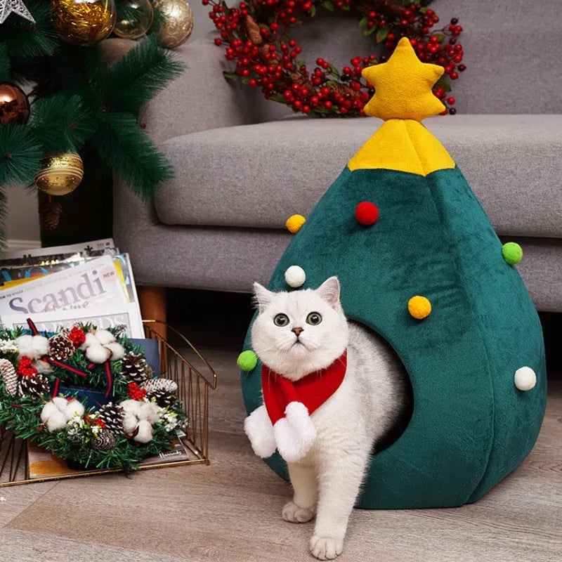 Plush Christmas-themed cave-style pet bed for cats and dogs with a washable cover