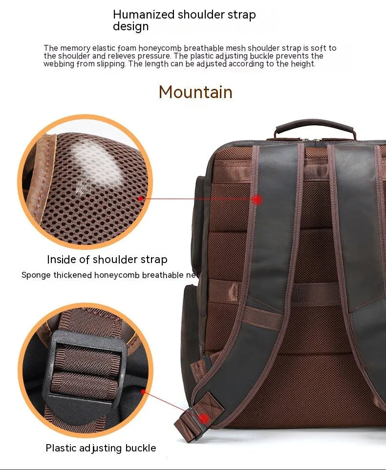 Dark brown retro crazy horse leather backpack for men open to show 17-inch laptop compartment and internal organisers.