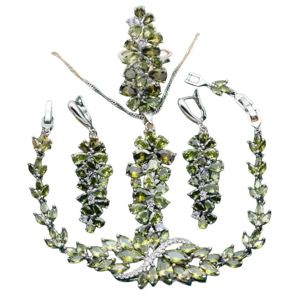 Retro floral necklace earring ring bracelet ornament suit with alloy pendant and copper inlaid zircon in olive finish