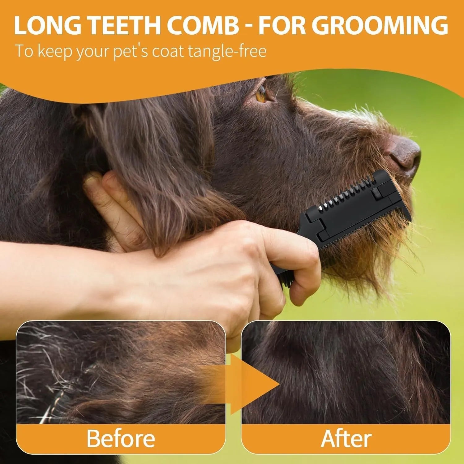 Dog grooming razor comb with detangling teeth and replaceable blades on a white background