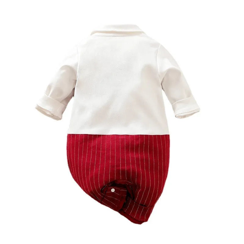 Wine red cotton baby boy romper suit with long sleeves for autumn and spring wear.