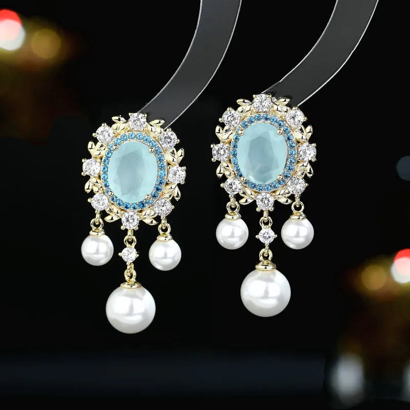 Oval geometric zircon inlaid pearl tassel earrings in copper with light purple colour option