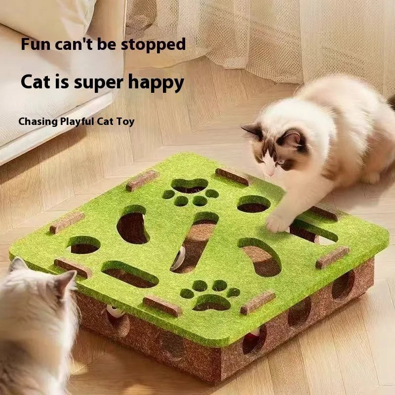 Green brown felt cat toy box with a felt mouse and a white feather ball inside.