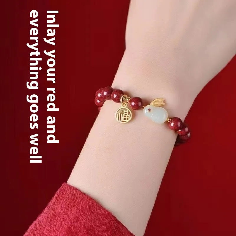 Cinnabar jade hare bracelet with purple gold sand colour beads in 6mm or 8mm size options