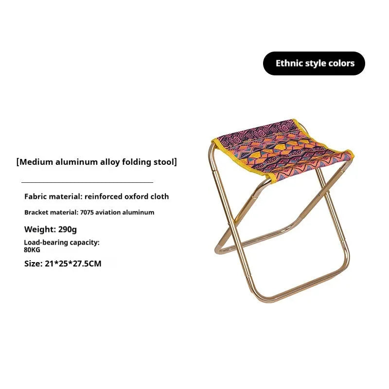 Black aluminium alloy portable folding camping stool shown in folded and unfolded positions.