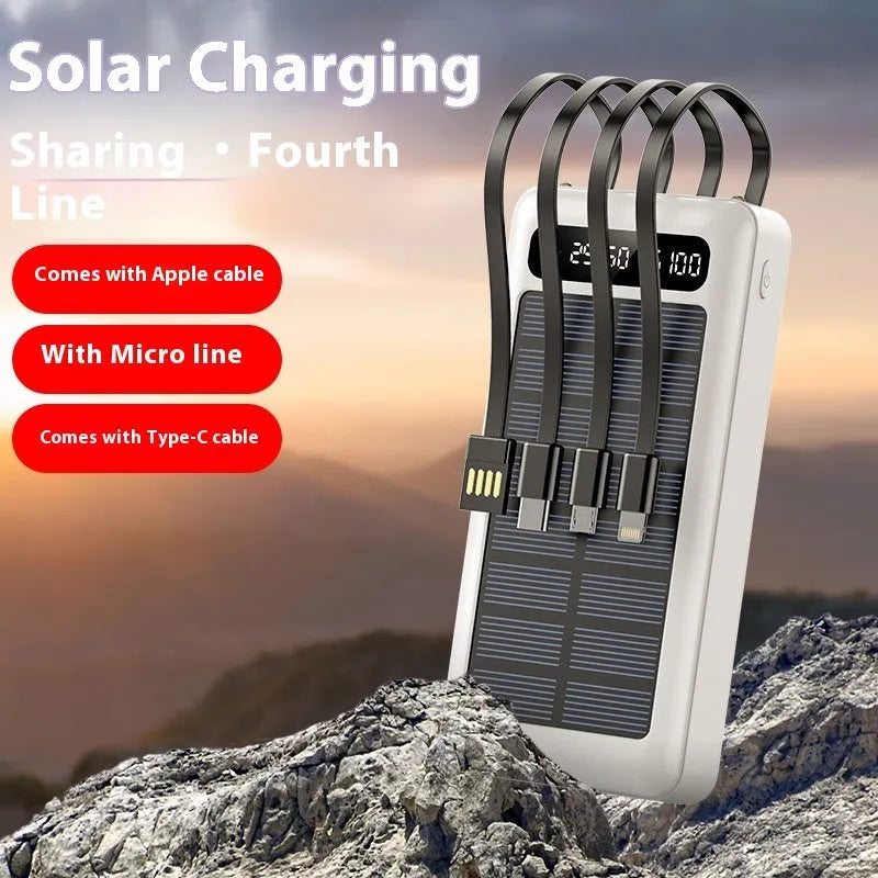 Solar power bank with cable showing black, white and green colour options with 30000mAh capacity label