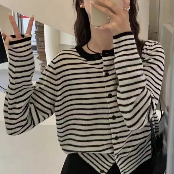 Dark grey and white striped women's cardigan coat with long sleeves and a slim, cropped fit.
