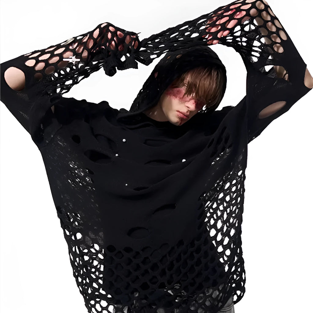 Black men's loose-fit hoodie with pearl decorative detailing on the hood.