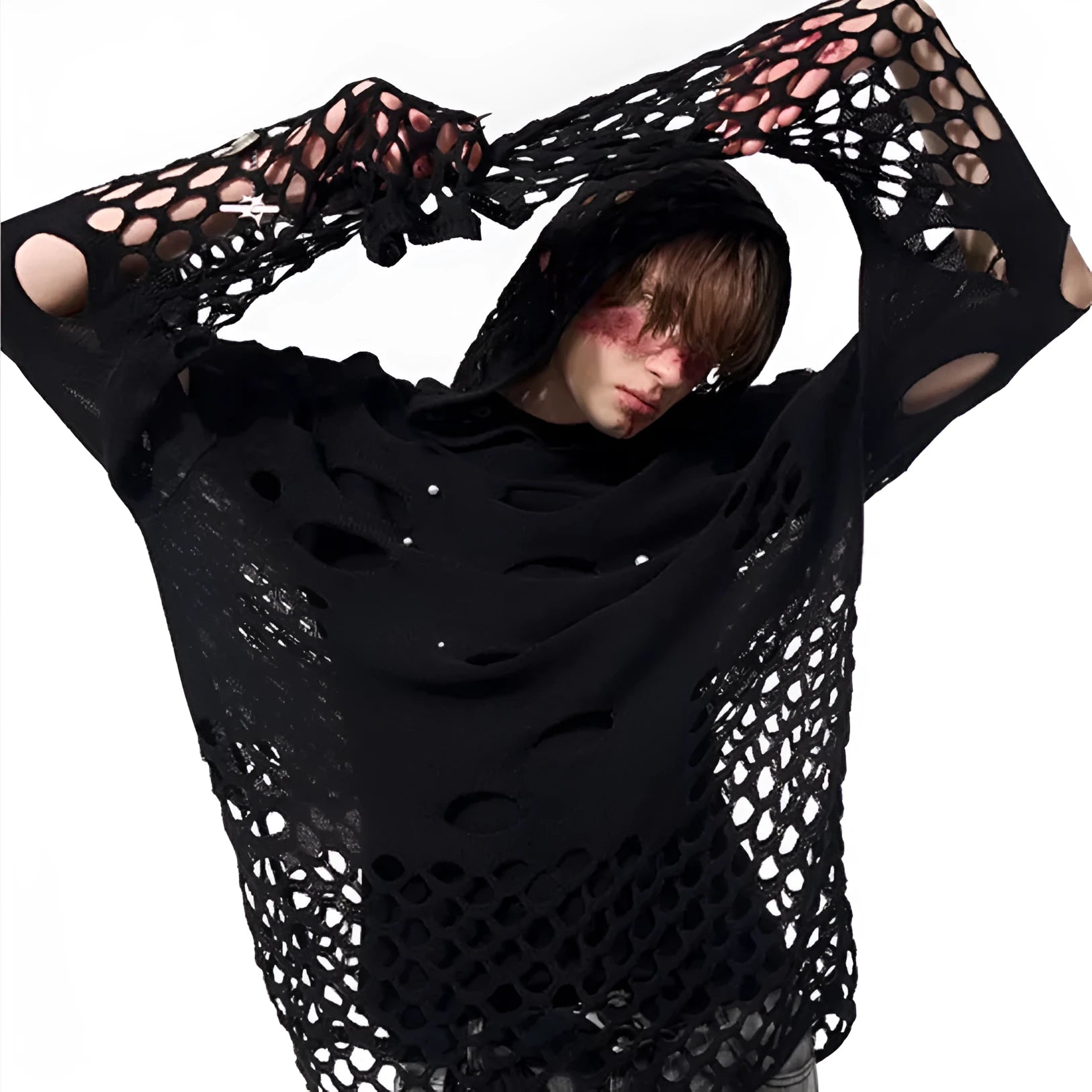 Black men's loose-fit hoodie with pearl decorative detailing on the hood.