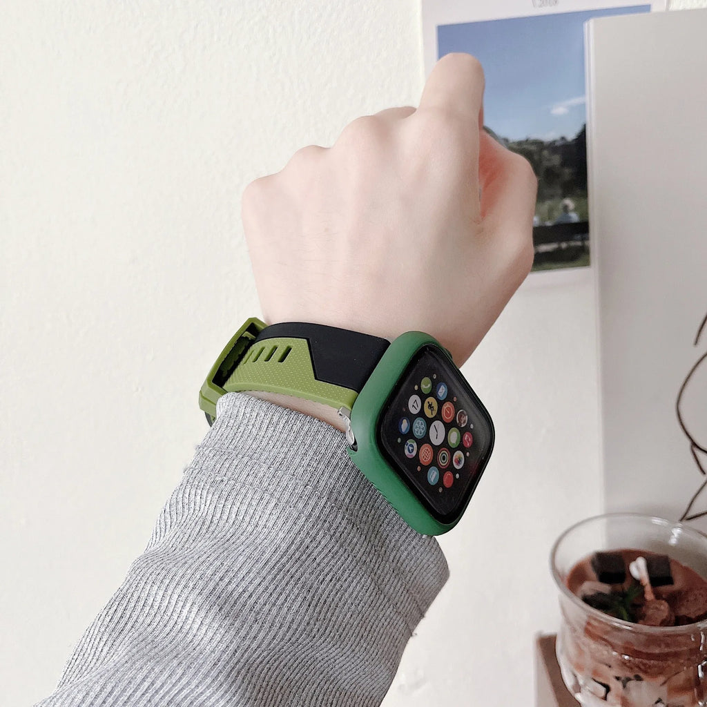 Two-tone silicone protective case for Apple Watch in black and white, fitted on a watch face