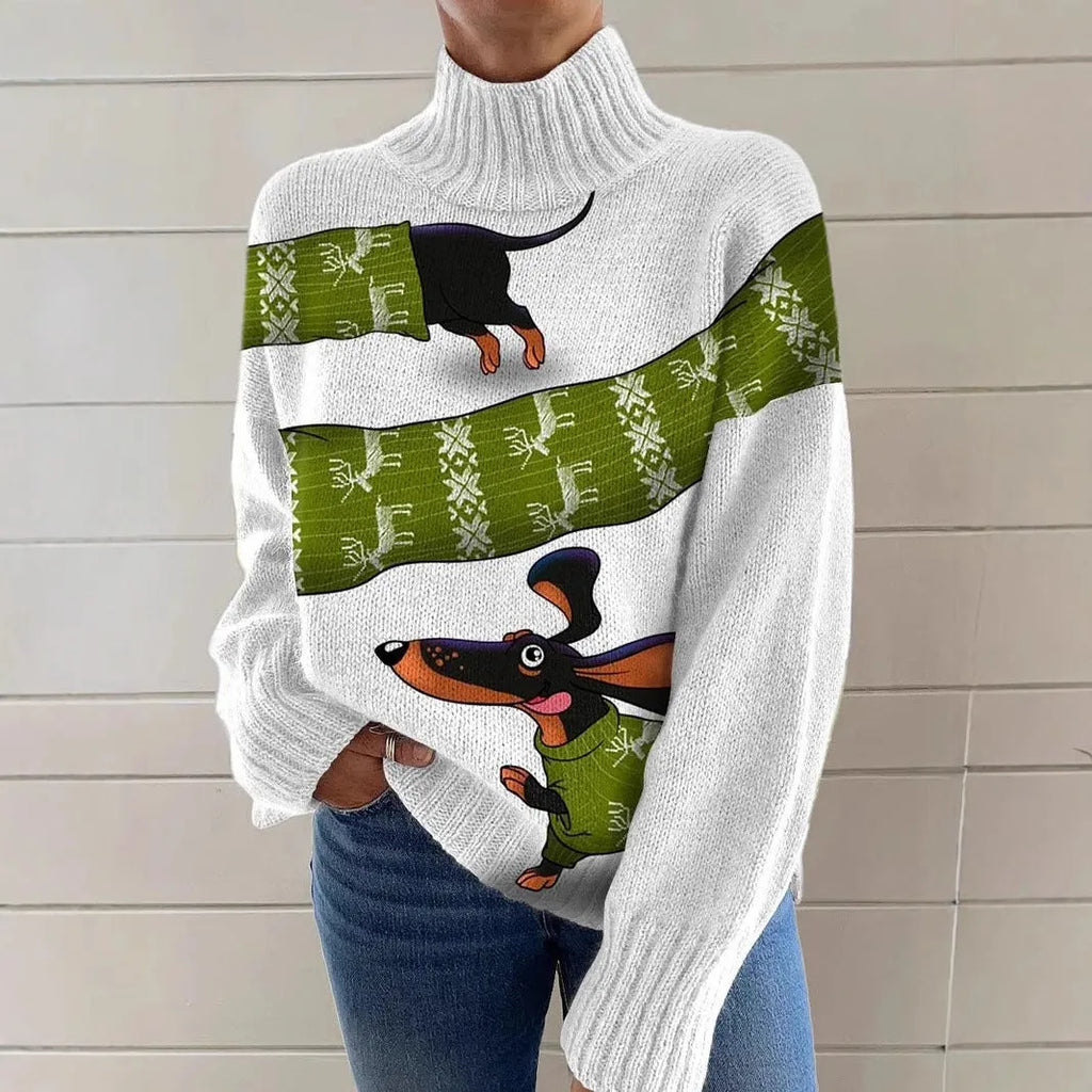 Women's loose fit Christmas printed turtleneck sweater in a macaron colour with a painting pattern design.