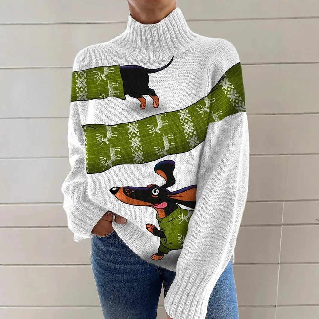 Women's loose fit Christmas printed turtleneck sweater in a macaron colour with a painting pattern design.