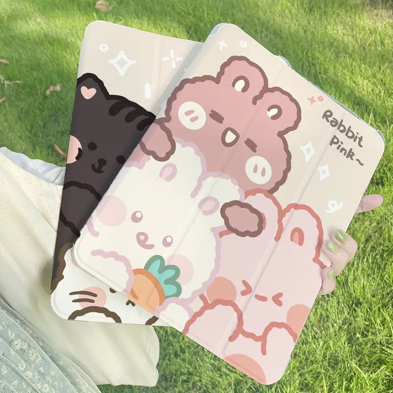 Silicone tri-fold iPad protective case with cartoon rabbit pattern, shown in stand mode.