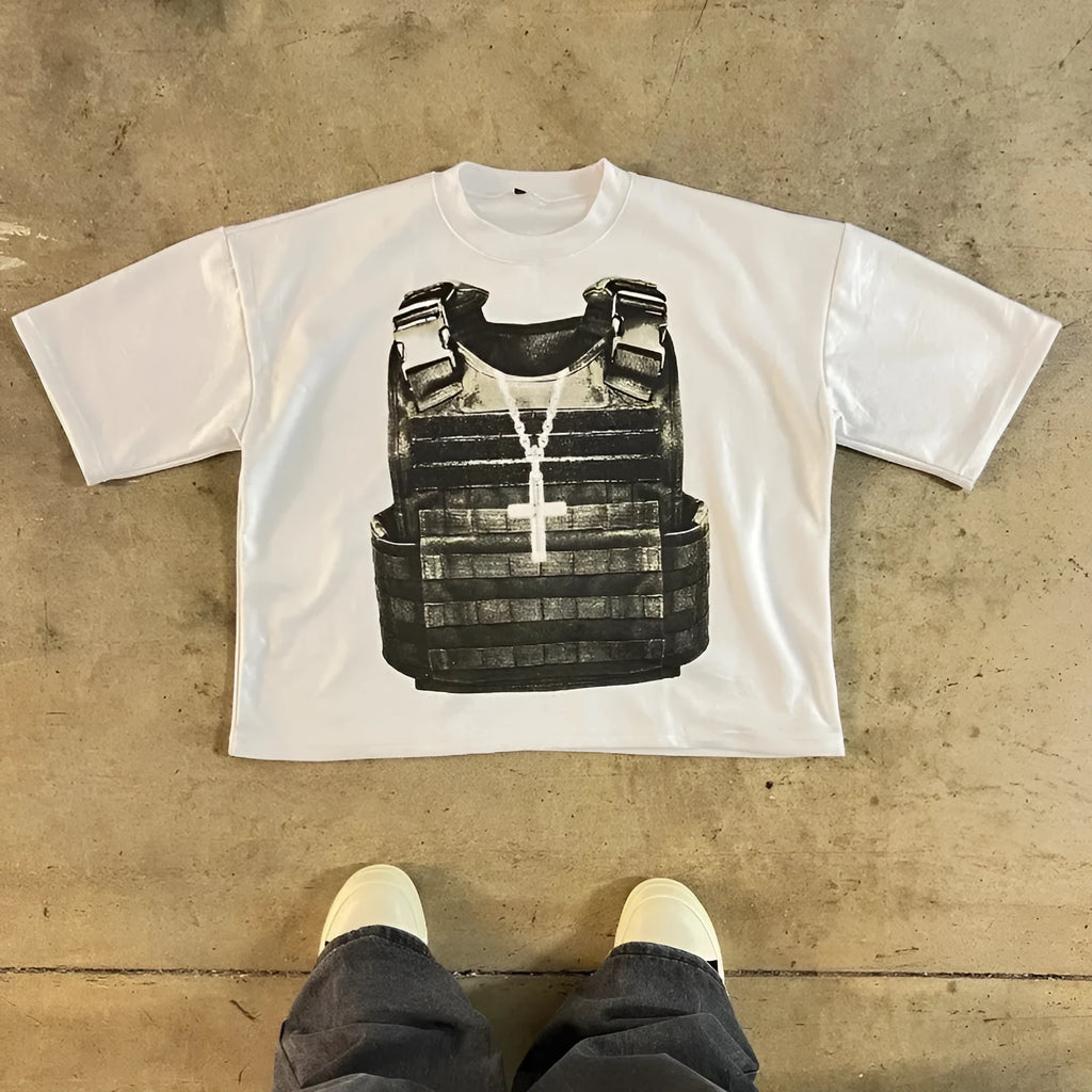 Short sleeve cotton t-shirt with a printed retro graphic and drop-shoulder sleeves in a black colour variant.