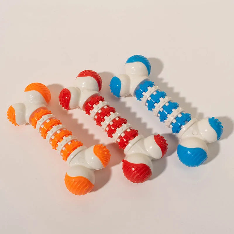 Blue bone-shaped interactive dog toy for small breeds with treat holder and chewable ends