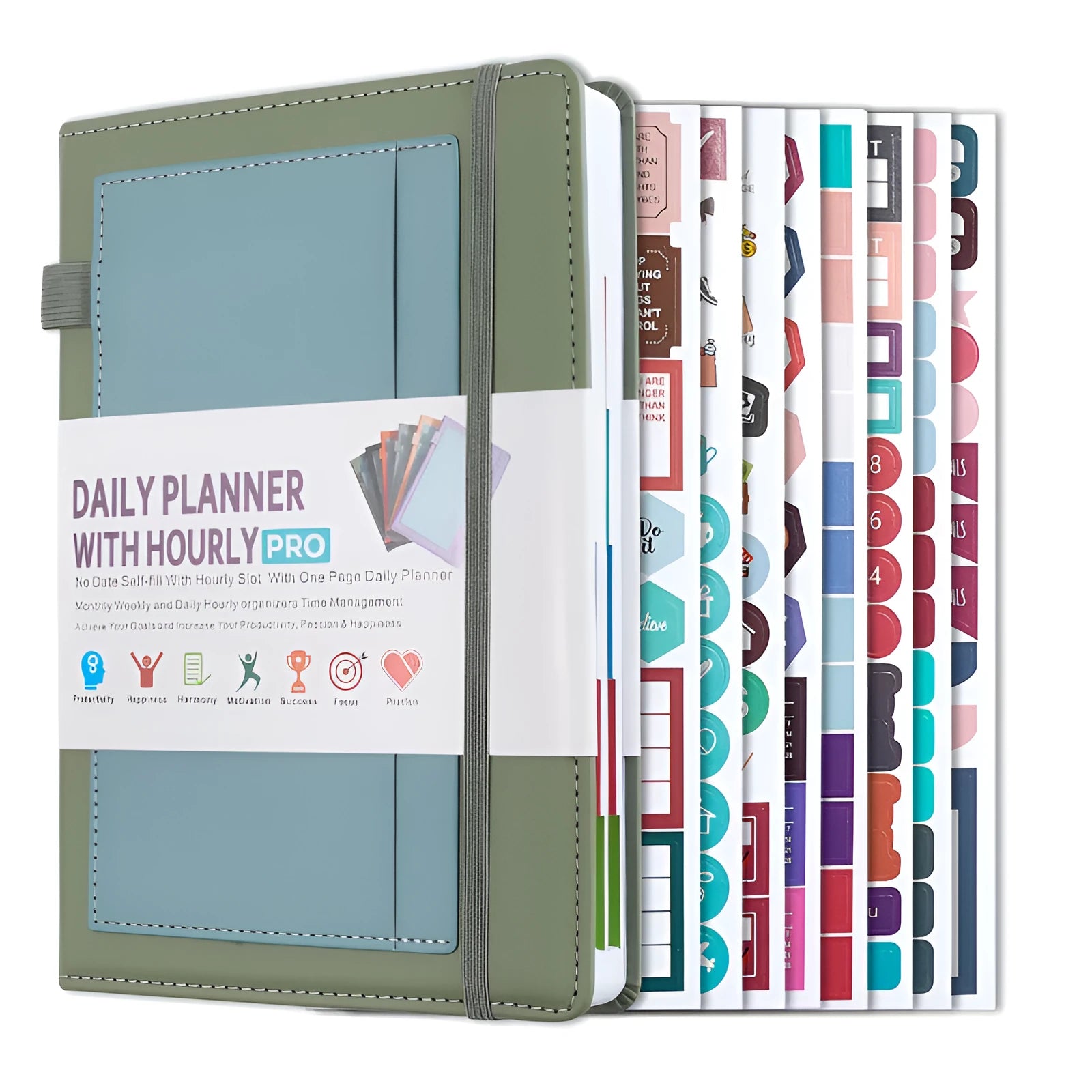 No-date notebook with PU leather cover and strap closure in choice of six colours with optional planning stickers