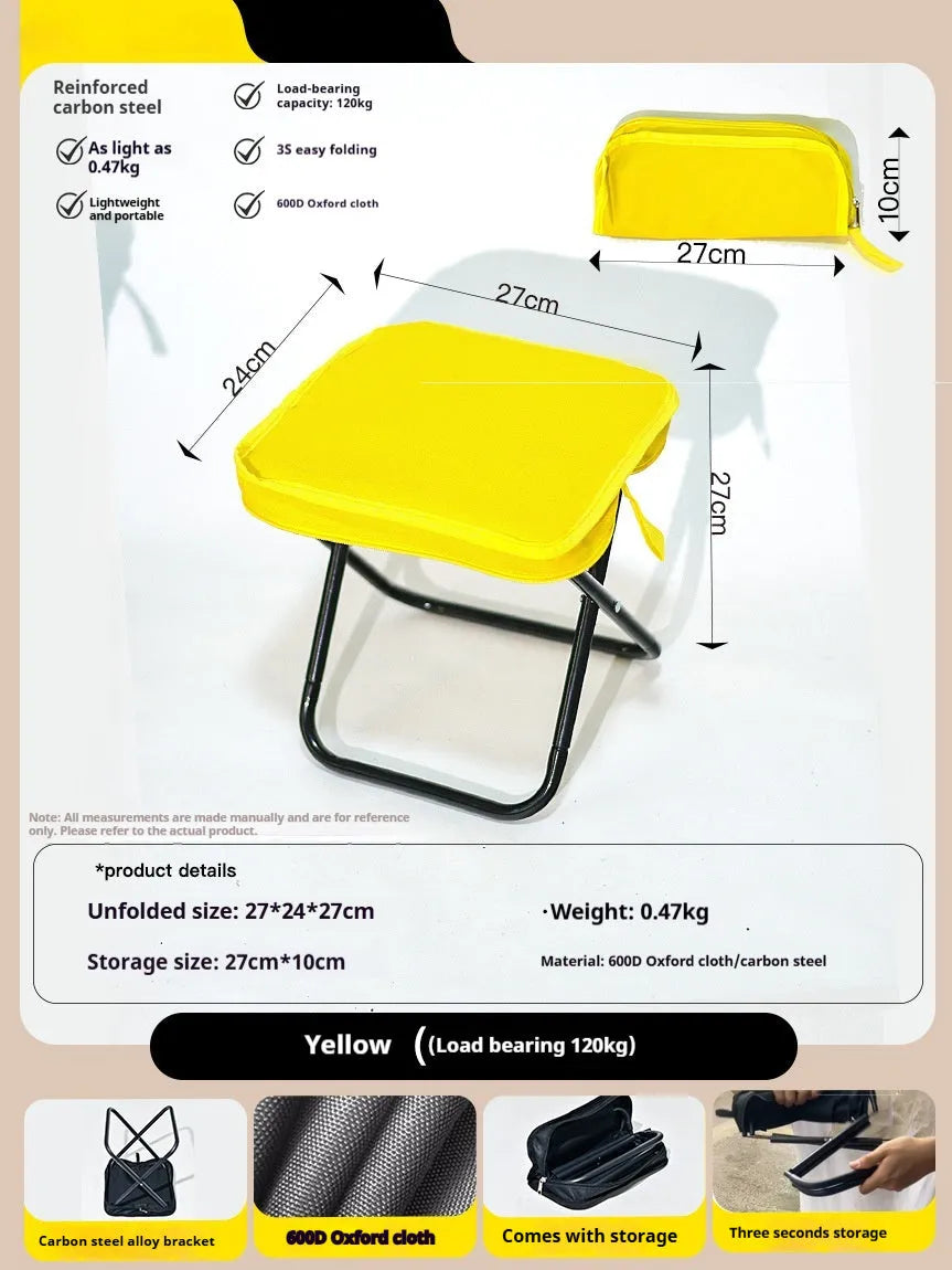 A foldable outdoor camping stool in Oxford cloth, shown in a khaki colour, folded compactly.