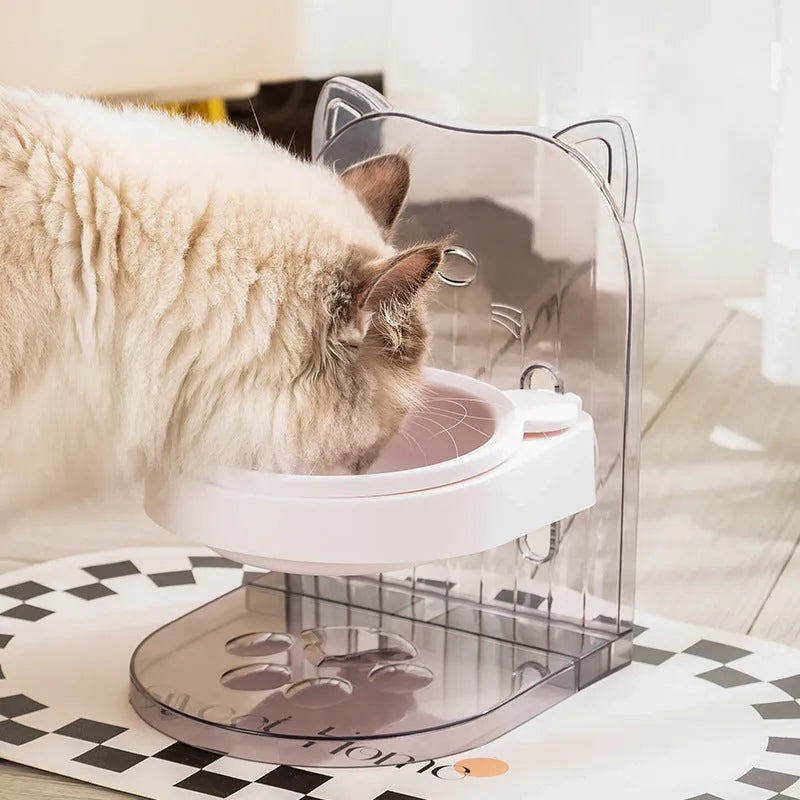 Grey cat bowl with anti-spill cat ear edges and removable hanging cage attachment for pet enclosures
