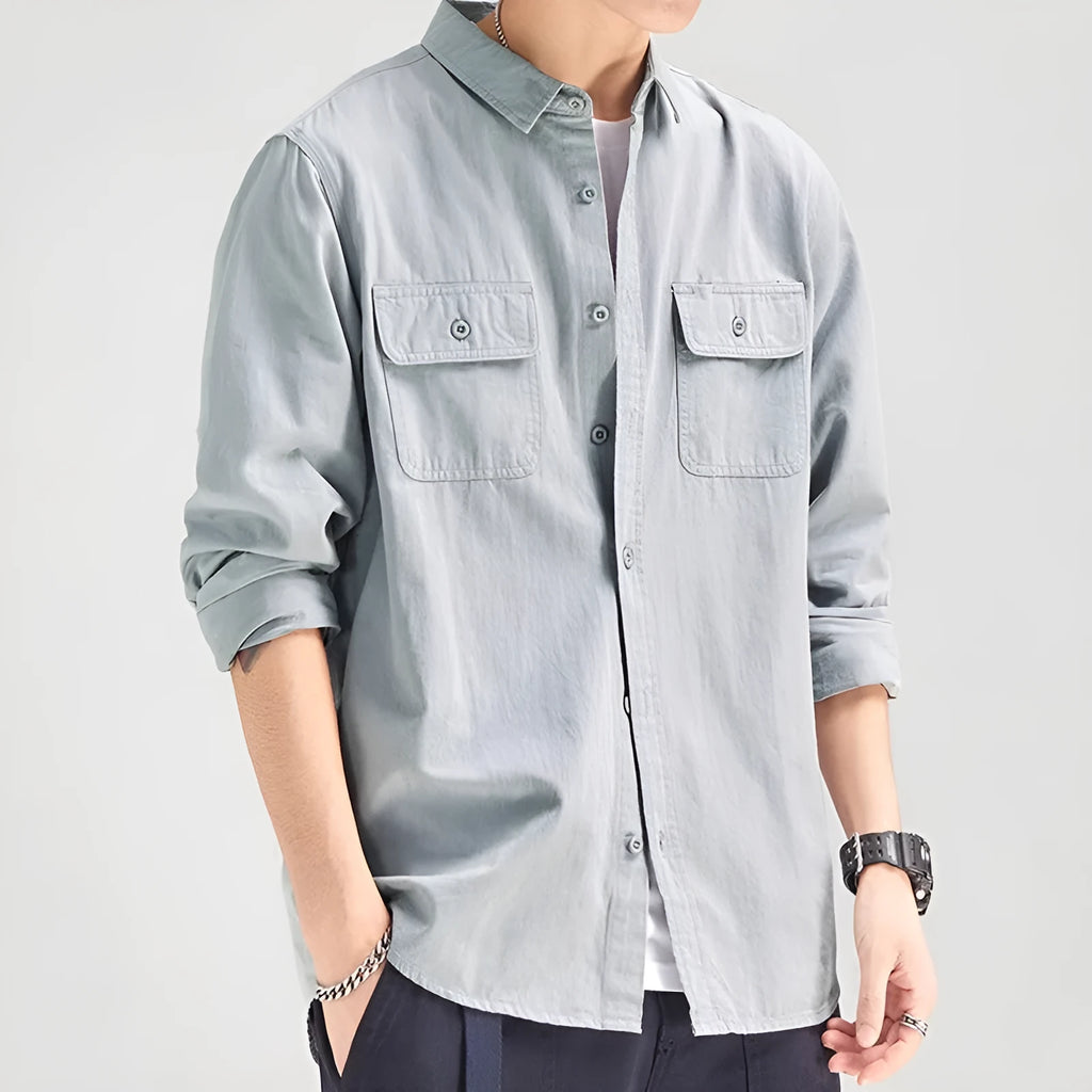 Men's loose fit long sleeve shirt overall in polyester fabric showing cardigan style and colour options