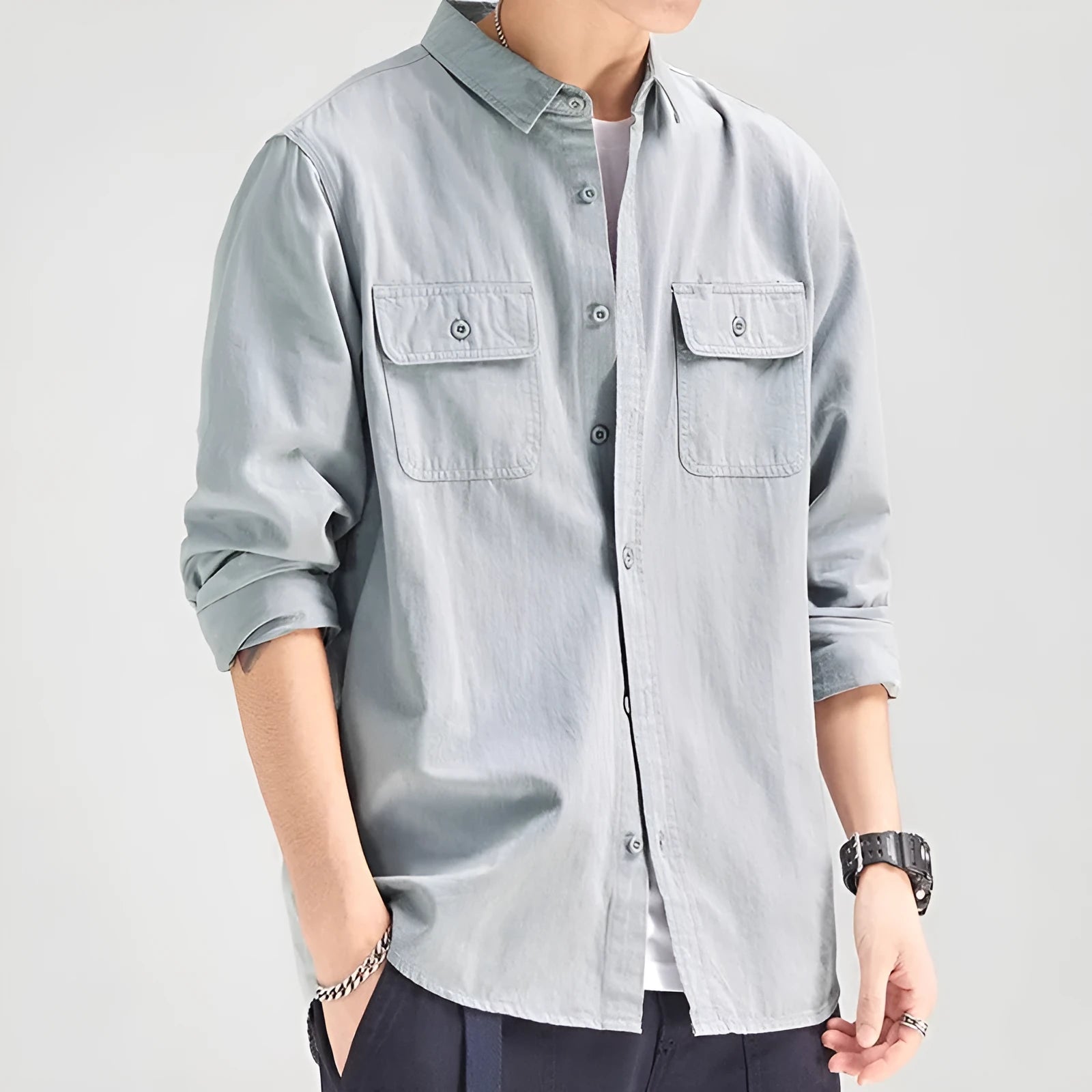 Men's loose fit long sleeve shirt overall in polyester fabric showing cardigan style and colour options