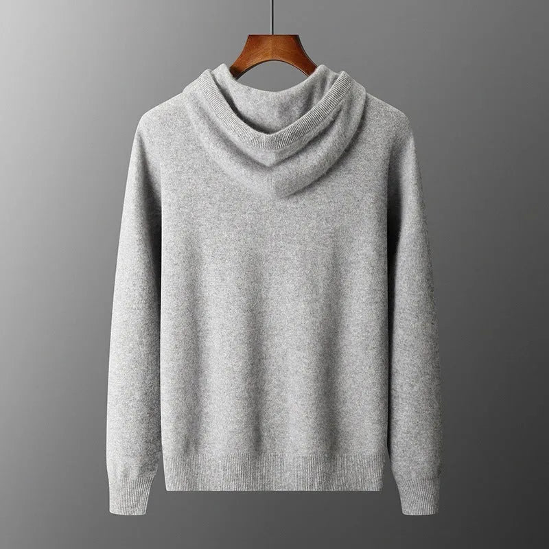 Men's light grey hooded knitted sweatshirt and matching long trousers casual set.