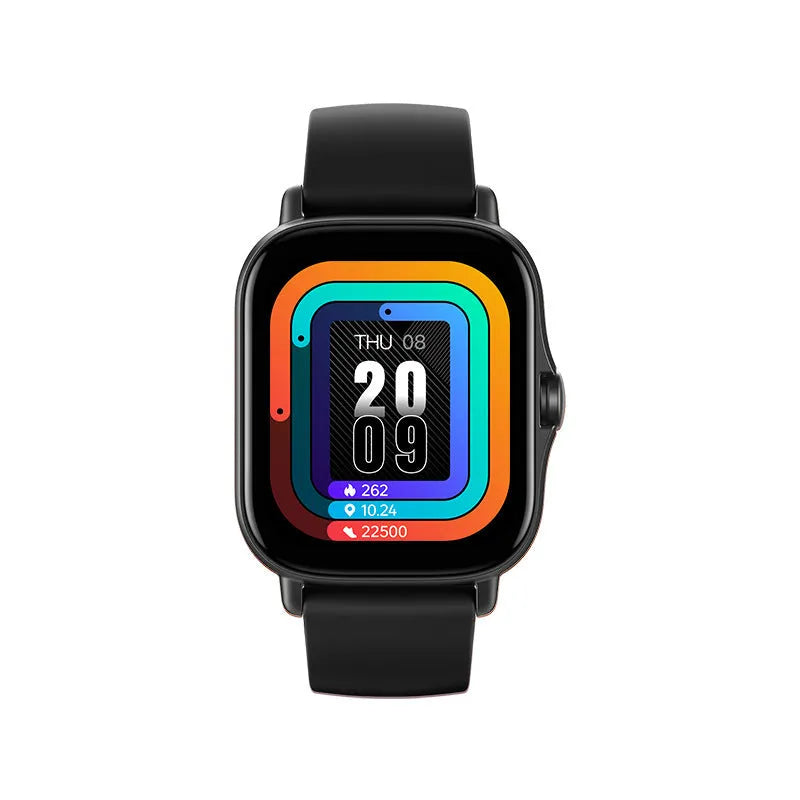 GT20 smartwatch in black with alloy case and silicone strap showing health stats on screen.