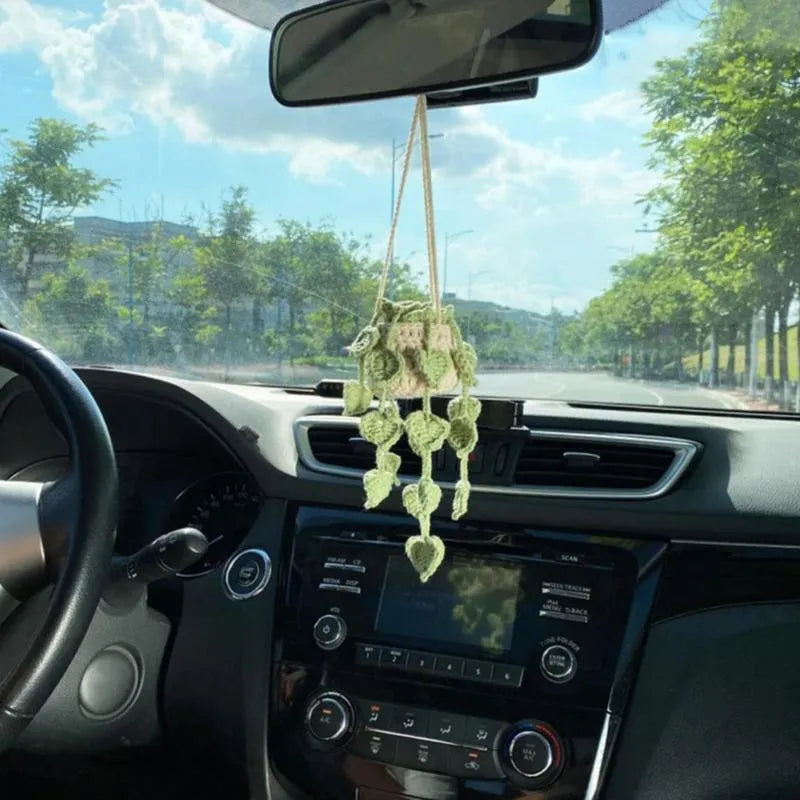 Green and white knitted wool car plant decoration with 8cm base and 25cm hanging rope