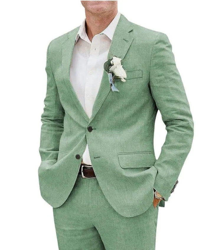 Men's slim fit two-piece suit in a linen blend fabric for business and banquet events.
