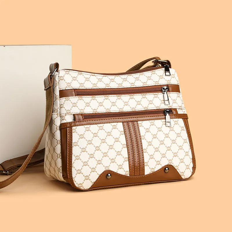 Brown women's crossbody bag with stitching pattern and large capacity design