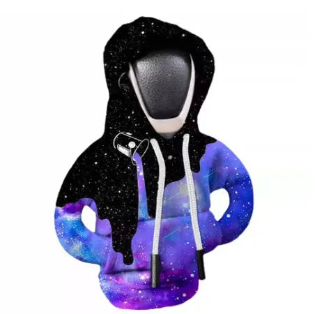 Blue cloth car gear shift knob hoodie cover shown on a gear lever.