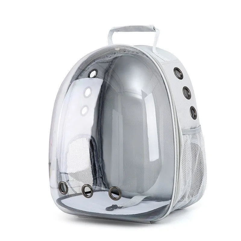 Grey astronaut dome-shaped cat carrier bag with a side opening for pet access.