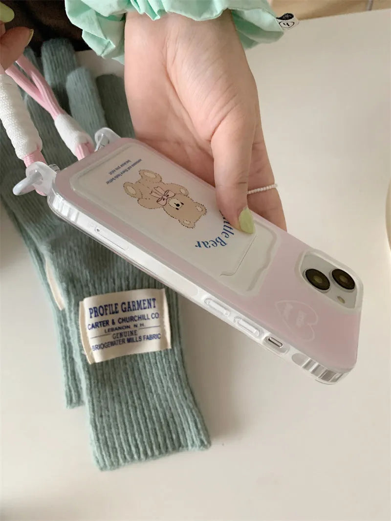 Pink bear TPU phone case with card holder and lanyard for iPhone 13