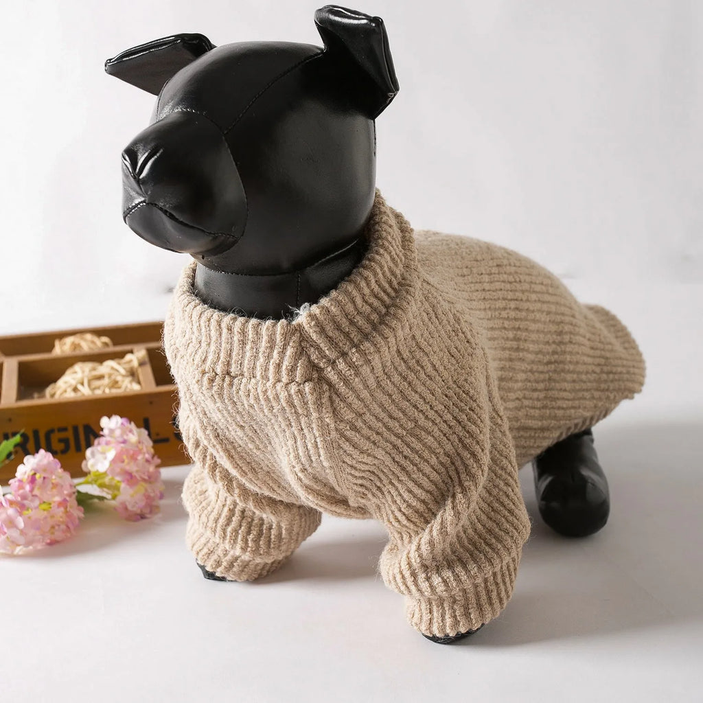 Brown cloth sweater pullover on a small dog, suitable for Bichon or Pomeranian breeds.