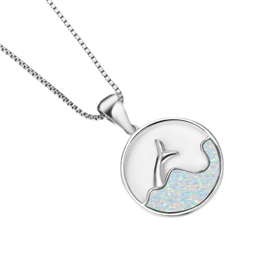 White gold electroplated copper sea fishtail necklace with geometric round pendant design