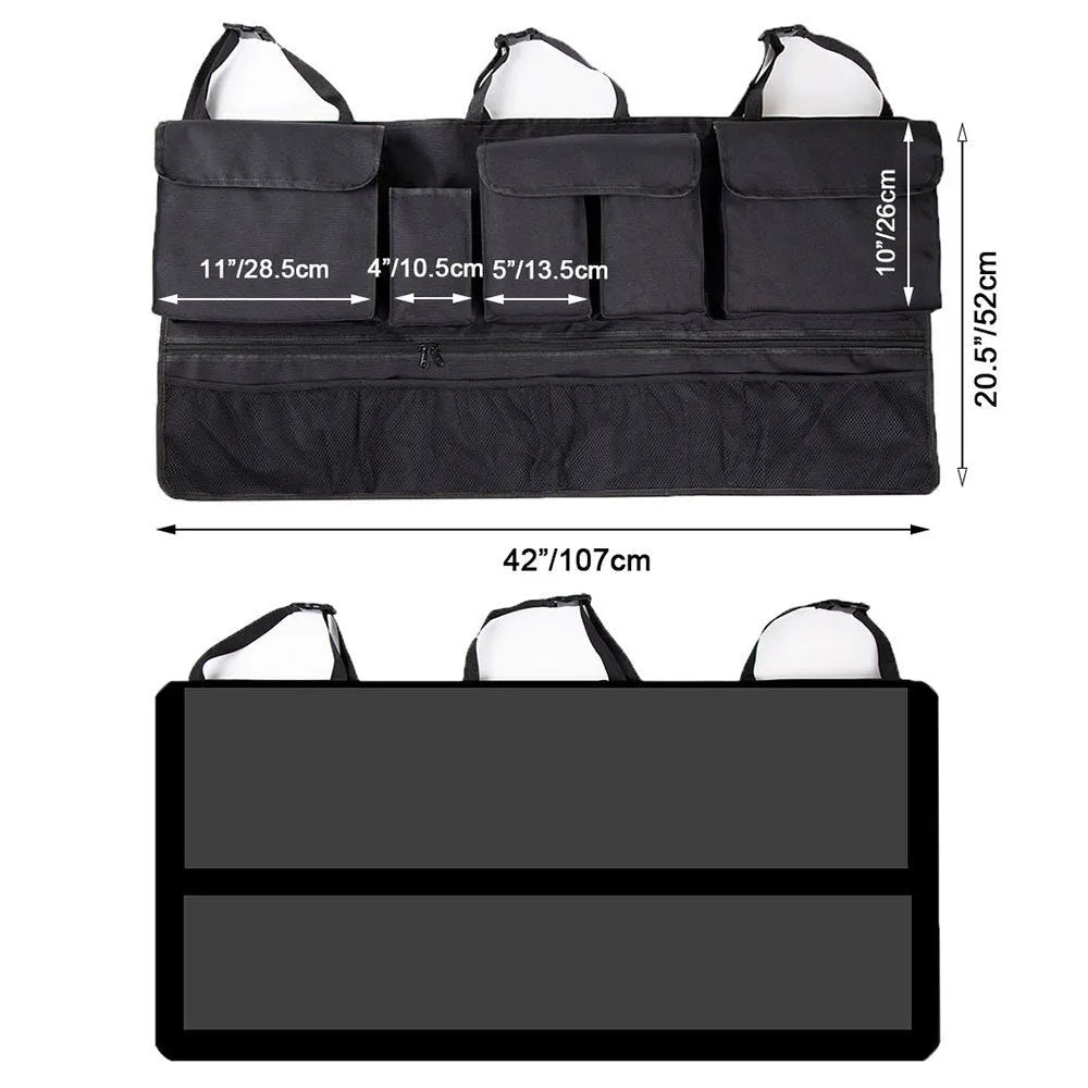 Black car boot hanging storage organiser made of Oxford cloth with a handle, shown hanging.
