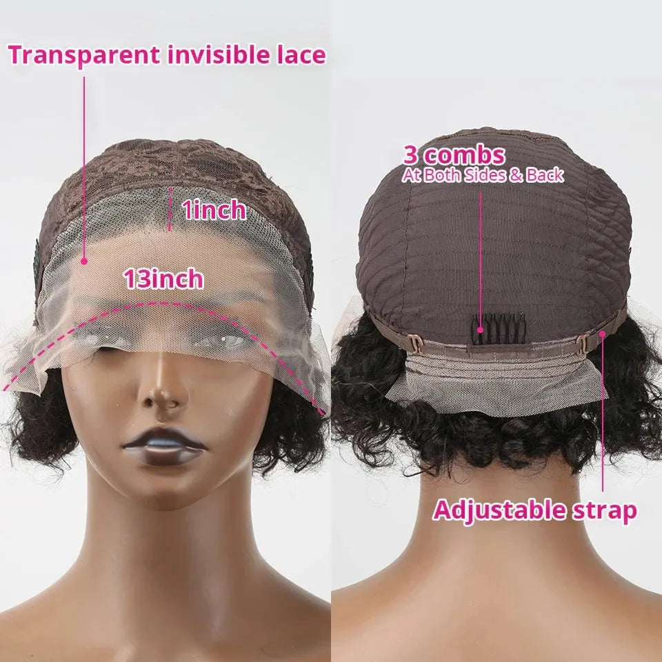 Black short pixie wig with lace front, made from human hair for daily wear.
