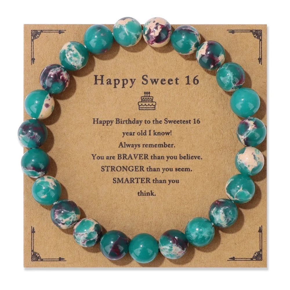 Men's natural stone bead elastic string bracelet in geometric circle style with birthday card