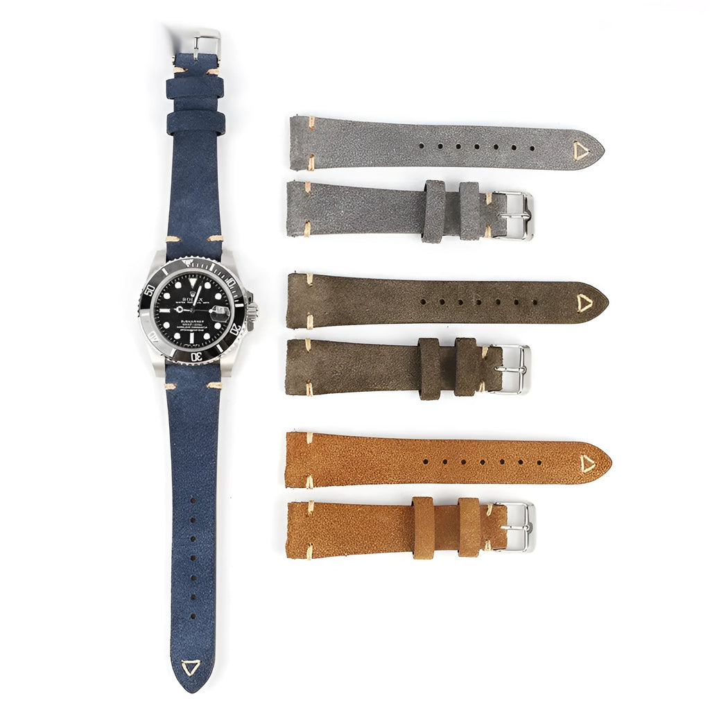 Small waist genuine suede leather watch strap in brown, blue, gray, and Army Green colours.
