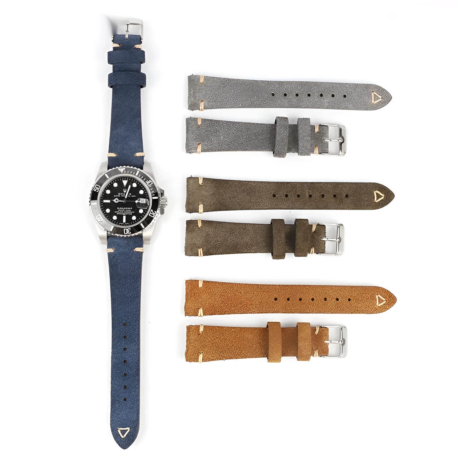 Small waist genuine suede leather watch strap in brown, blue, gray, and Army Green colours.