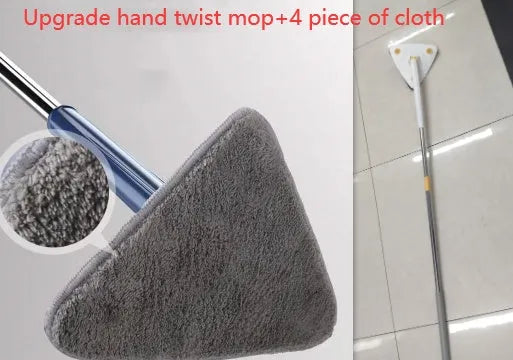 Blue triangle mop with rotating head and extendable stainless steel pole for corner and wall cleaning