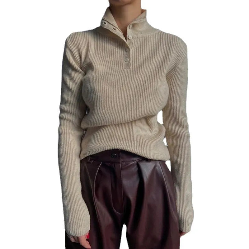 Womens slim fit half turtleneck single-breasted pullover sweater in silver grey colour
