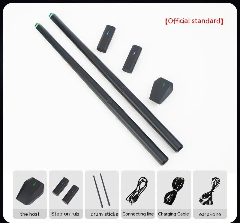 Black somatosensory air drum kit with wireless connectivity and LED lighting displayed with drumsticks