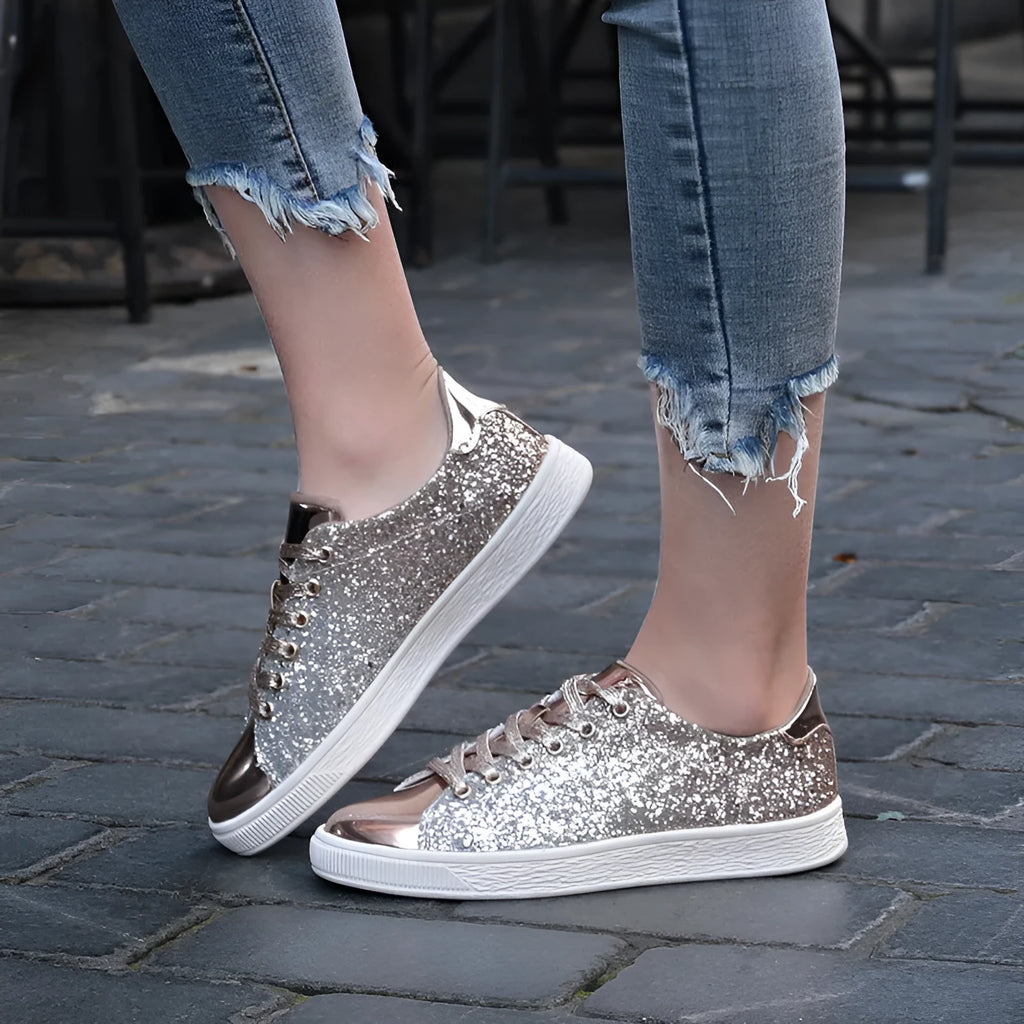 Women's colourful sequin low-top casual shoes with round toe and lace-up closure